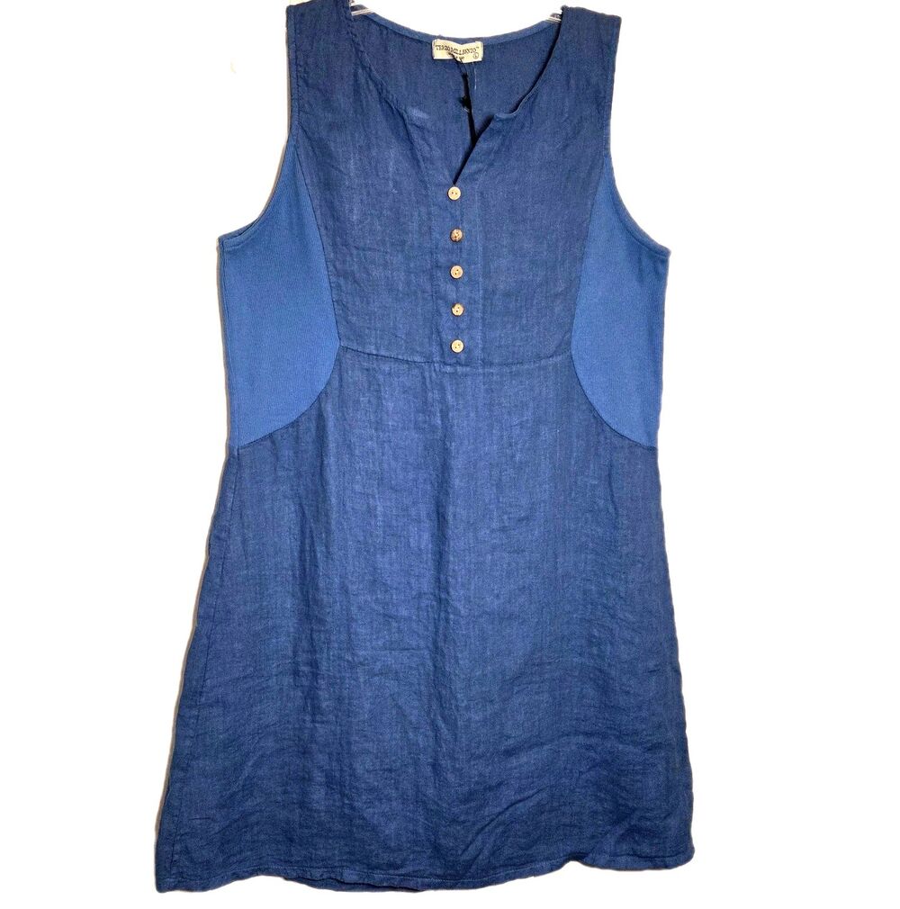 Terzo Millenio 100% Italian Linen Sleeveless Dress Womens Sz Large / 14 Blue NWT
